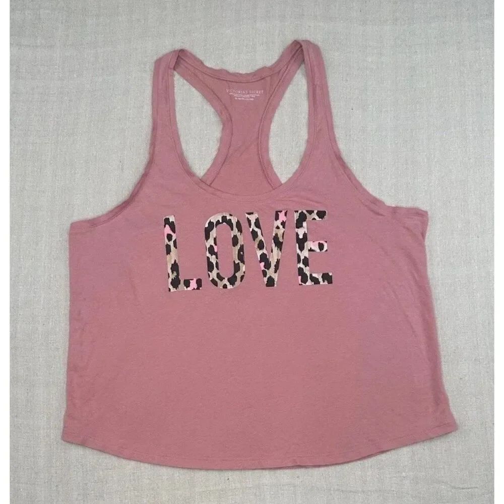 Victoria’s Secret Women’s XL Pink Racerback Tank Top LOVE Leopard Graphic Shirt